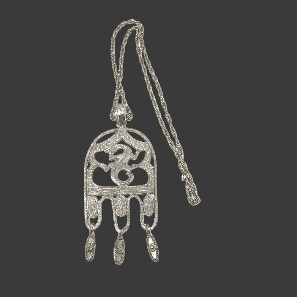 Lizard Pendant Silver Tone Asian Inspired Dragon Iguana‎ Necklace
